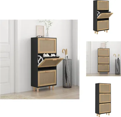Immagine prodotto di vidaXL Scarpiera nera 52x25x115 cm in legno e rattan naturale - Scarpiere e armadietti