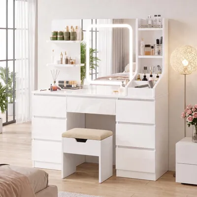 Produktbild von JUMMICO Schminktisch mit LED-Spiegel & Helligkeitsregelung, Großer Make-up-Tisch