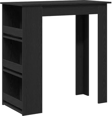 A black bar table with shelves on the side, shown against a white background.