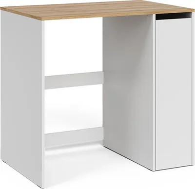 A white and wood-colored cabinet with shelves and a door, likely a washing machine cabinet.