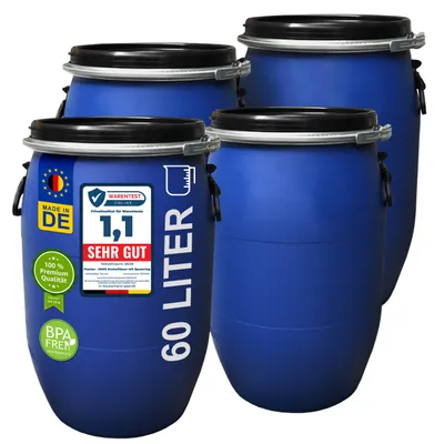 Four blue plastic barrels are shown in a studio setting against a white background. The barrel in the foreground has several labels and text printed on it.