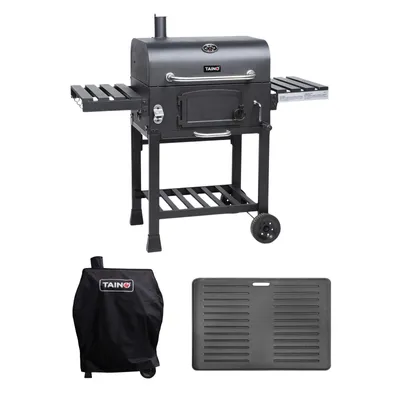Produktbild von TAINO HERO XL Holzkohlegrill Set Abdeckhaube Grillplatte Smoker Grillwagen BBQ