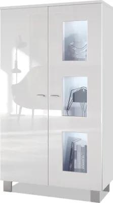 Produktbild von Vladon Vitrine Denjo,  Germany, Standvitrine mit 2 Türen und 3 Glaseinsätzen, Weiß matt/ Weiß Hochglanz, inkl. LED-Beleuchtung (71 x 129 x 35 cm)
