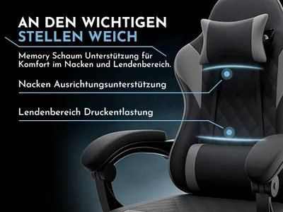 Productafbeelding van Gamingstoel, met lendensteun, hoofdsteun, armleuningen en voetsteun, verstelbaar van 90° tot 145° (zwart en grijs)