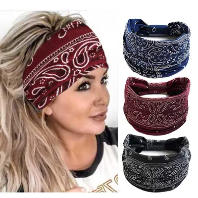 Produktbild von Boho-Bandeau-Stirnbänder, breiter Knoten, Haarschal, Haarband, elastischer Turban, dicker Kopfwickel, Stretch-Stoff, Stirnbänder, dicke modische Haar-Accessoires für Frauen, 3 Stück (elegant)