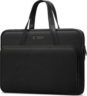 A black laptop bag with handles and a front pocket.