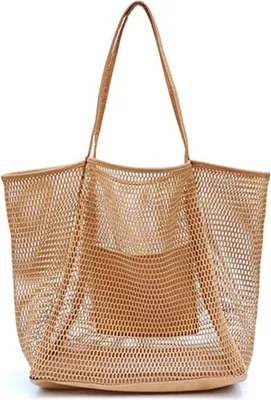 Zdjęcie produktu dla Torba plażowa damska, khaki, siatkowa torba na ramię, 17,3 x 15,7 x 5 cali, na akcesoria kąpielowe i bieliznę, torba z zamkiem błyskawicznym