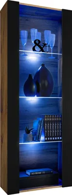 Produktbild von Komodee | Vitrine Schrank Tivoli mit 3 Regalböden, Korpus Wotan Matt Frontfarbe Schwarz Matt, LED Blau