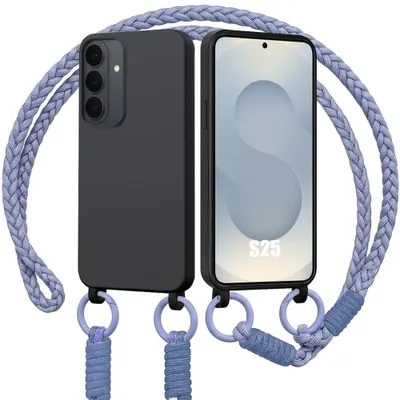 Image de Coque pour Samsung Galaxy S25, Protection Antichoc Silicone Noire avec Cordon Violet
