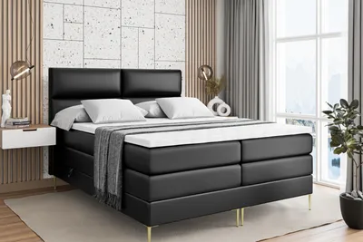 Produktbild von ALTDECOR Boxspringbett mit Gold Füßen, Matratze und Lattenrost, Topper, Polsterbett mit Bettkasten, Bett mit Stauraum H3- und H4- Matratze, Doppelbett -BOXI3-FZ KING-140x200 - Schwarz Kunstleder