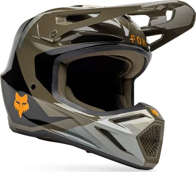 A motocross helmet shown from a three-quarter angle against a white background.