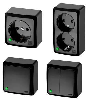 Aufputz-Serie / Lichtschalter / Wechselschalter / Taster / 1-fach Steckdose / 2-fach Steckdose / schwarz