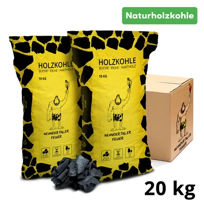 Produktbild von Neandertaler Feuer Holzkohle Grillkohle 20kg Charcoal BBQ Kohle für Grill Smoker Kamin | Grillholzkohle aus Laubholz Buchenholzkohle | Restaurant