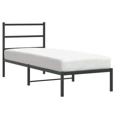 A black metal bed frame with a white mattress on a white background.