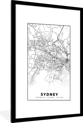 Produktbild von MuchoWow® Gerahmtes Poster Sydney - Schwarz und weiß - Karte - Stadtplan 60x90 cm - Poster mit Schwarzem Bilderrahmen Wandposter Rahmen Foto Bilder - Dekoration - Wandposter Wohnzimmer - Hochwertig