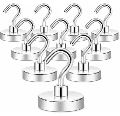 Produktbild von Magnetische Haken 10er Pack, 15kg Tragkraft, starke Neodym Magnethaken aus Edelstahl, wiederverwendbare Magnetaufhängung für Kühlschrank, Werkstatt und Küche