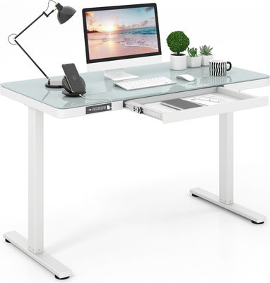 COSTWAY Biurko z regulacją wysokości, elektryczne biurko stojące z blatem ze szkła hartowanego, szufladą i stacją ładującą 120x60cm Biały