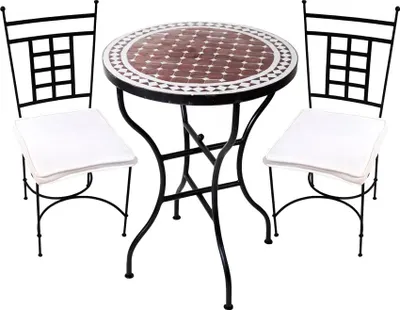 Immagine prodotto di Set di 3 bistrot Marrakech Bordeaux Bianco 60cm Atene | Tavolo a mosaico mediterraneo con 2 sedie | Set da balcone e giardino fatto a mano | Mobili a mosaico marocchini in ferro battuto