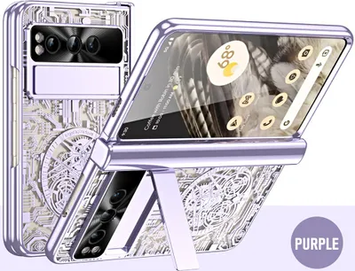 A purple flip phone case with intricate silver detailing, shown in an open position with a kickstand.