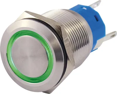 Produktbild von Vollmetallschalter mit Ringbeleuchtung, grün, 19mm-Ø, 250V, 5A, Lötanschluss