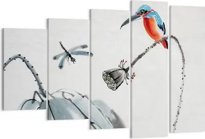 Produktbild von Bild auf Leinwand - Leinwandbild - 5 Teile - Libelle Vogel Blume - 150x100cm - Wand Bild - Wanddeko - Wandbilder - Leinwanddruck - Bilder - Wanddekoration - Leinwand bilder - Wandbild - EG150x100-4361
