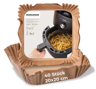 Produktbild von Fackelmann Backpapier für Heißluftfritteuse, 20 cm eckig, beschichtet, hitzebeständig bis +220°C, 40 Stück