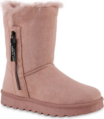 A single pink winter boot is shown against a white background.