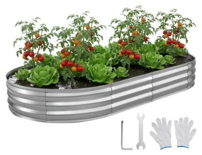 Zdjęcie produktu dla Podwyższona grządka metalowa – owalna grządka ogrodowa 240 x 120 x 30 cm – bez dna – do uprawy warzyw, ziół i kwiatów – do użytku na zewnątrz – w zestawie rękawiczki – kolor srebrny