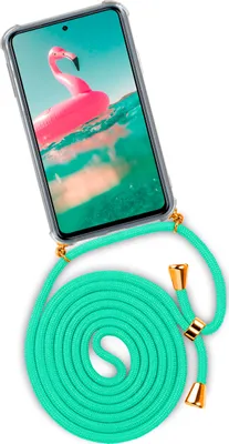 A transparent phone case with a mint green cord and gold accents, attached to a smartphone displaying a pink flamingo float on a body of water.