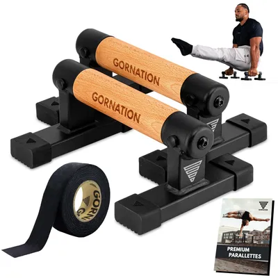 Immagine prodotto di Supporti per flessioni calisthenics - Acciaio nero con maniglie in legno - 16x10x24 cm - Adatti per l'uso in casa e all'aperto - Bilancieri per flessioni