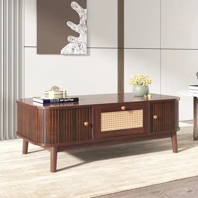 Image de MODFU Tables Basses avec Portes Coulissantes, Table Basse en Rotin avec Rangement Intégré, Plateau en Bois Massif, 110×55×38,5 cm - Marron