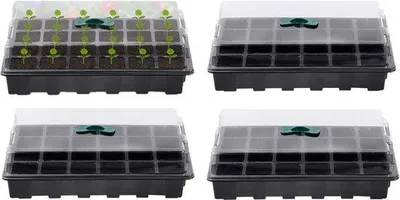 Image de 4 pots de fleurs en plastique à 24 alvéoles, avec fentes d'aération réglables pour serre, 4 couvercles et 4 socles.