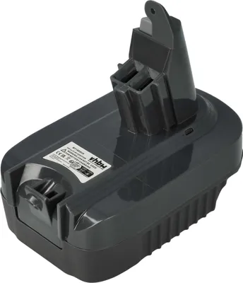 A dark gray battery adapter for a vacuum cleaner, shown from a slightly elevated angle on a white background.