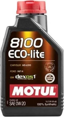 A bottle of Motul 8100 ECO-LITE SAE 0W-20 motor oil.