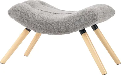 Productafbeelding van Een moderne voetenbank met een fleece bekleding en houten poten, in een lichtgrijze kleur
