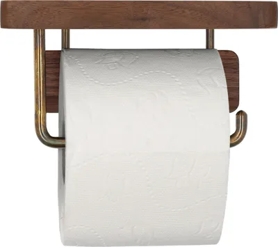 Produktbild von QUVIO Toilettenpapierhalter mit Ablage - Toilettenpapierhalter - Toilettenzubehör - Toilettenbürsten - Holz - Metall - 10 x 18 x 10 cm (lxbxh)