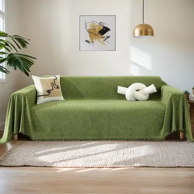 Produktbild von Sofa Überwurfdecke 1/2/3/4 Sitzer Chenille Sofa Überzug,Waschbar Sofabezug Baumwolle Sofaüberwurf mit Fransen,Sofadecke für 1-Sitzer, 180x340cm,Grün
