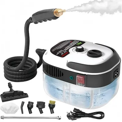 A white and black steam cleaner with a transparent water tank, along with its accessories, is displayed against a white background. Steam is visibly emanating from the nozzle of the handheld wand.