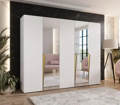 Obrázok produktu pre Široká šatníková skriňa 250 cm SORAYA 2 so zrkadlom - biela / zlaté úchyty