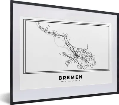 Produktbild von MuchoWow® Gerahmtes Poster Stadtplan - Bremen - Schwarz und weiß - Karte 40x30 cm - Poster mit Schwarzem Bilderrahmen Wandposter Rahmen Foto Bilder - Bilderrahmen - Poster im Rahmen