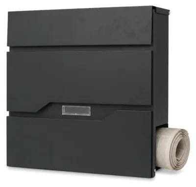 Imagen del producto de Buzón Relaxdays con compartimento para periódicos, dimensiones (alto x ancho x profundidad): 38 x 37 x 11,5 cm, 4 llaves, buzón de pared, color antracita RAL7016, Imagen generada por IA
