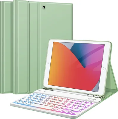 Produktbild von Fintie Tastatur Hülle für iPad 9 8 7 Generation (2021/2020/2019) 10.2 Zoll, 7-farbig beleuchtete abnehmbare Tastatur mit Schutzhülle, QWERTZ Layout, Pastellgrün
