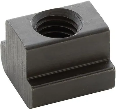A close-up studio shot of a black T-nut.