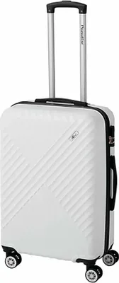A white suitcase with a telescopic handle and wheels, shown from a diagonal front view.