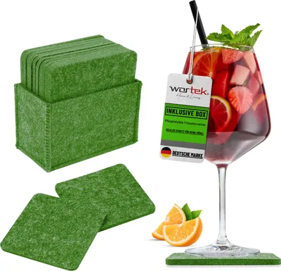 Produktbild von wortek Filz Untersetzer - Deko Tischset + Aufbewahrungsbox I für Gläser & Tisch, 10er Set I 10cm I Eckig, Grün