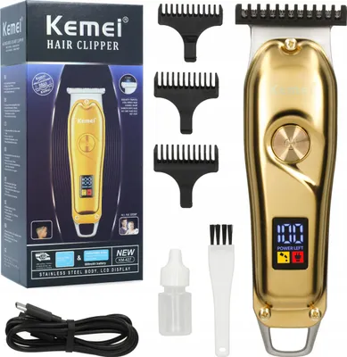 Obrázek produktu pro Akumulátorový Zastřihovač Vlasů A Vousů Kemei Barber Usb Lcd Břity