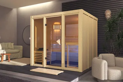 Productafbeelding van Karibu Sauna, binnensauna, model Avari 4, met voorinloop, zonder accessoires, afmetingen 216x196x198 cm, zonder daklijst