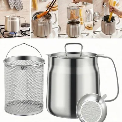Immagine prodotto di Grande cestello per friggere in acciaio inossidabile con colino e ampio contenitore per l'olio di frittura (2 litri) - ideale per la cucina, la preparazione dei pasti e il campeggio - lavabile in lavastoviglie