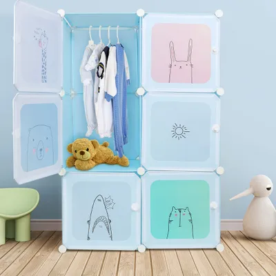 Produktbild von DIY Kleiderschrank Kinderkleiderschrank Garderobenschrank mit Stangen Blau
