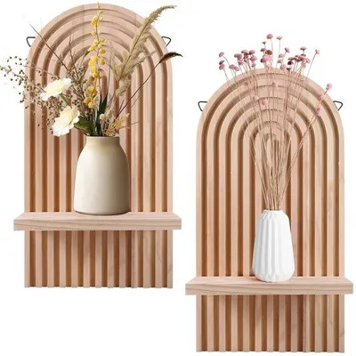 Produktbild von Ibenzoa® 2er-Set Boho Wandregal aus Naturholz mit Regenbogen-Design, 35 x 17,8 x 12 cm – schwebende Holzregale für Wohnzimmer & Schlafzimmer